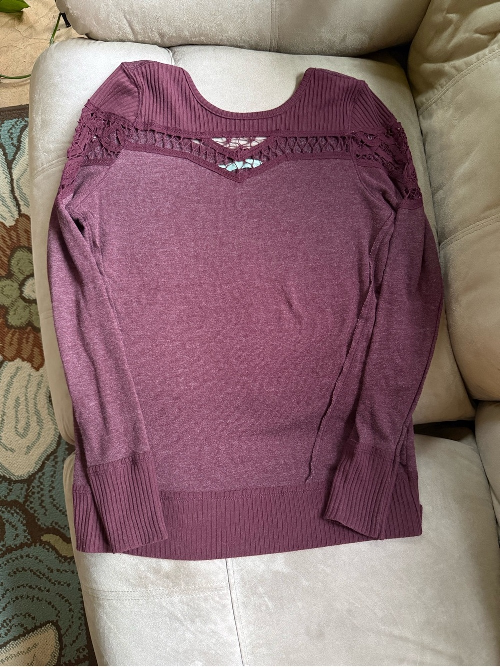 Maurices Plum Scoop Neck Lace Yoke Sweater